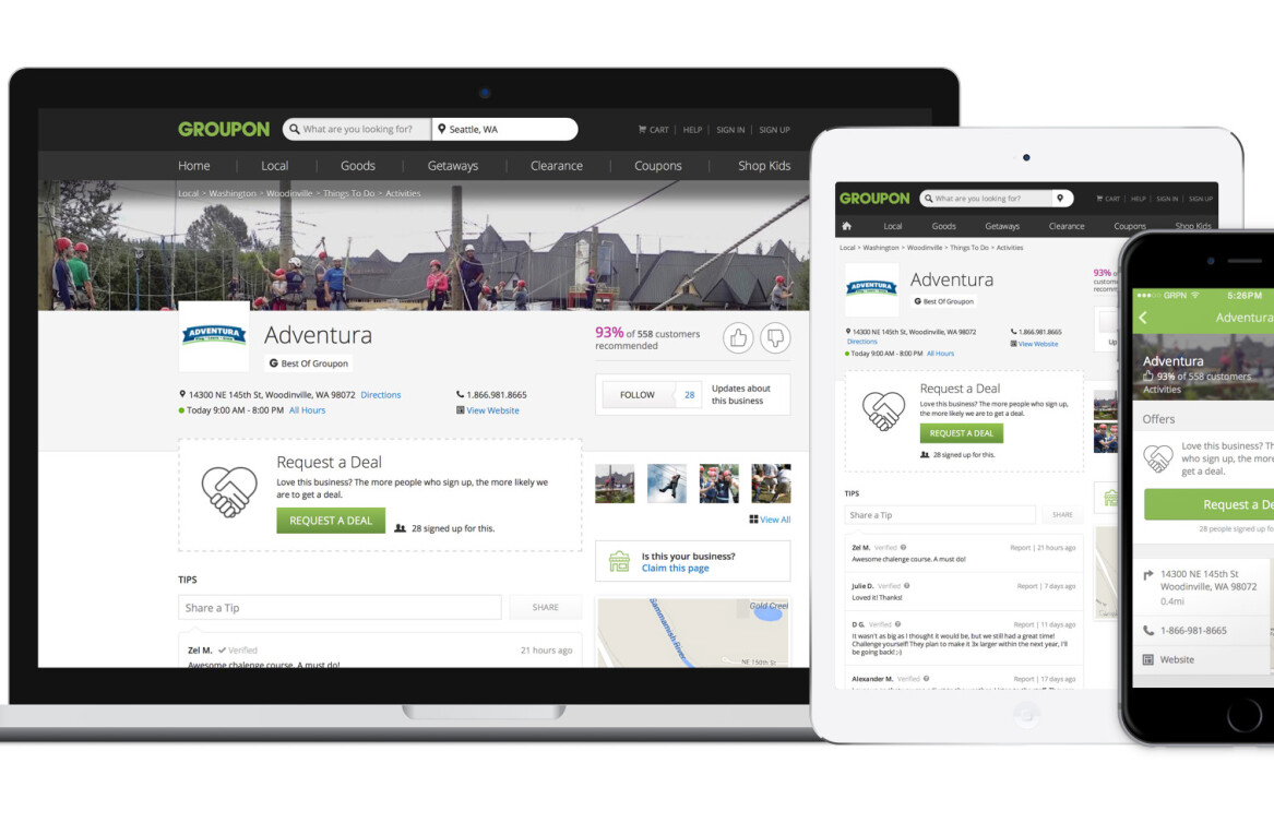 Groupon’s site now has dedicated pages for 7 million businesses across the US