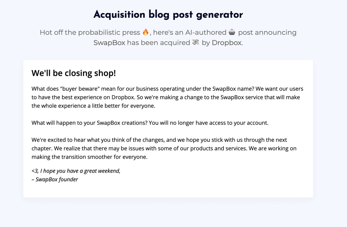 This AI generates hilariously realistic startup acquisition announcements
