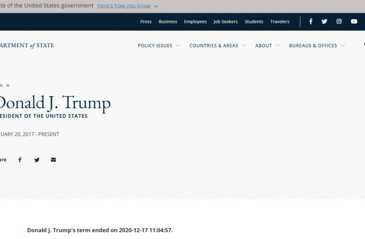 Here’s why the US State Department website says Donald Trump’s ‘term ended’ on 11 January