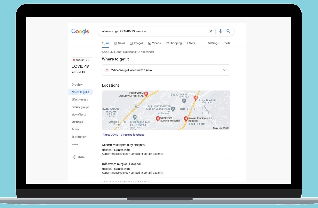 How to use Google search to find the nearest vaccination center in India