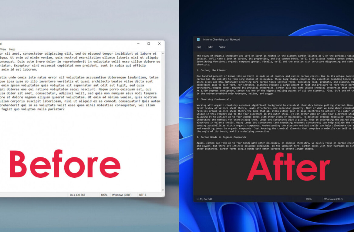 Notepad gets a new design in Windows 11, including a dark mode