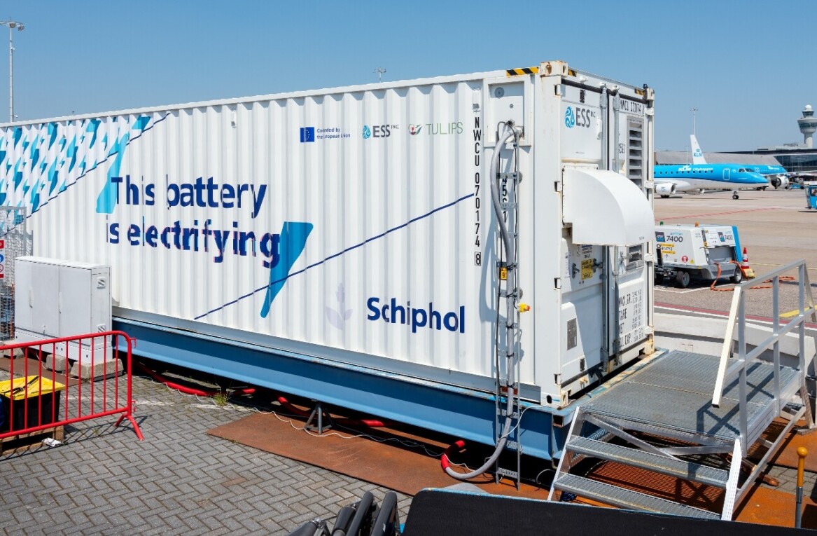 What is an iron flow battery and why is Schiphol Airport testing one?