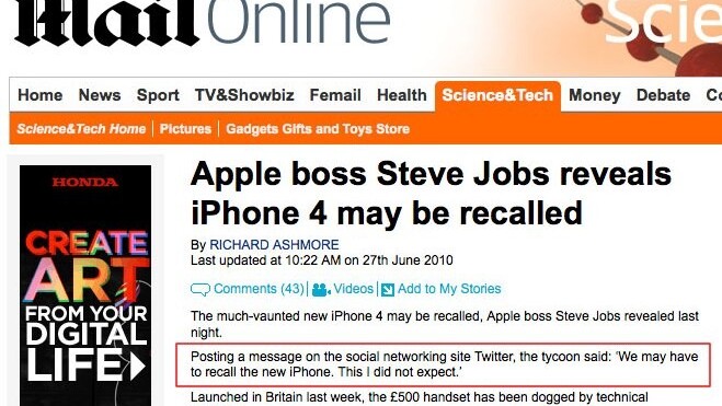 DailyFail: Newspaper quotes (Fake) Steve Jobs tweet in story about iPhone 4 recall