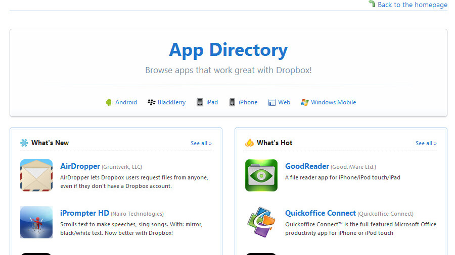 Dropbox updates its mobile platforms; announces BlackBerry support and App Directory