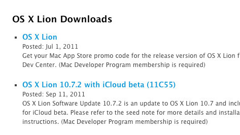 Apple releases OS X Lion 10.7.2 with iCloud beta build 11C55 to developers