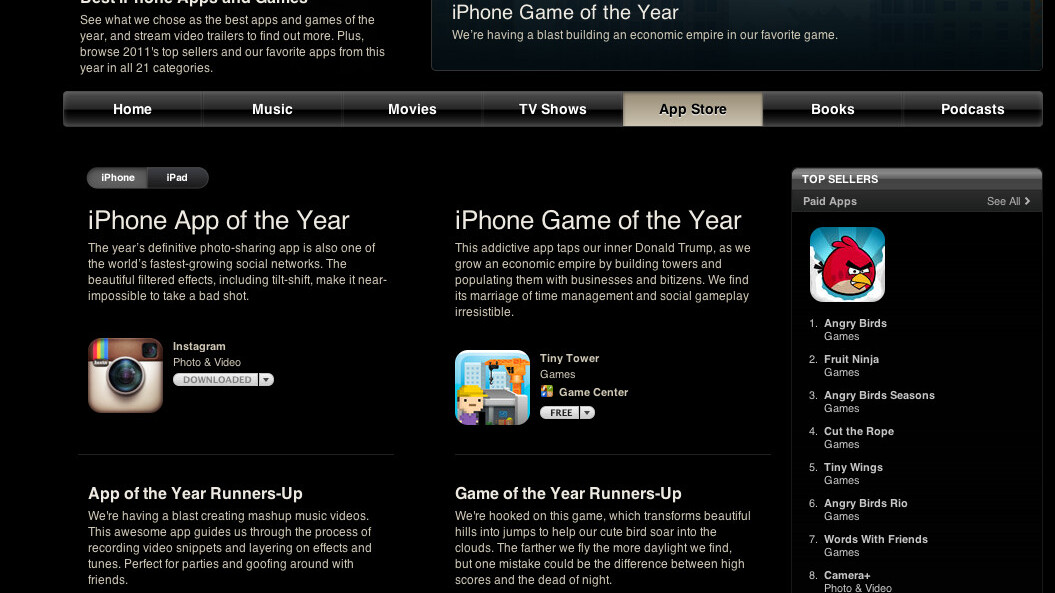 Apple’s Rewind 2011 lists top apps, games, movies, music, books and podcasts of the year