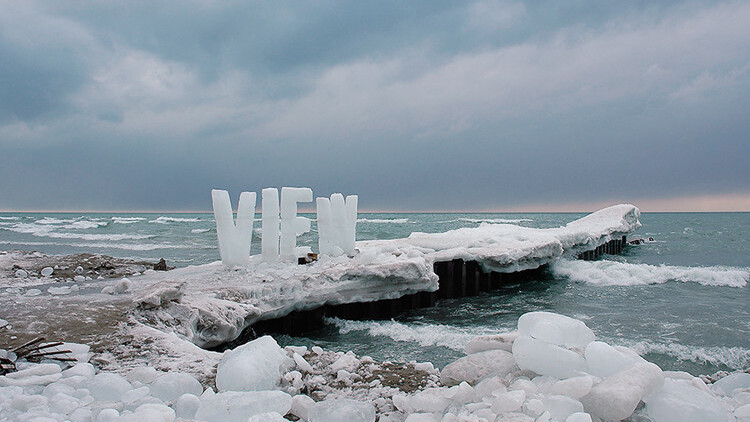 Giant ice typography on the shores of Lake Ontario