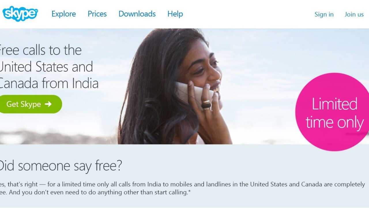 Skype users in India can make free calls to the US and Canada until March 2015
