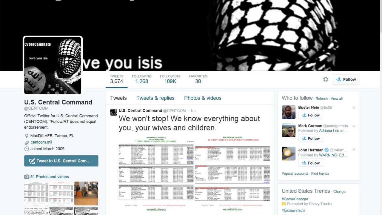 US Central Command’s Twitter and YouTube accounts hacked to send threatening, pro-ISIS messages