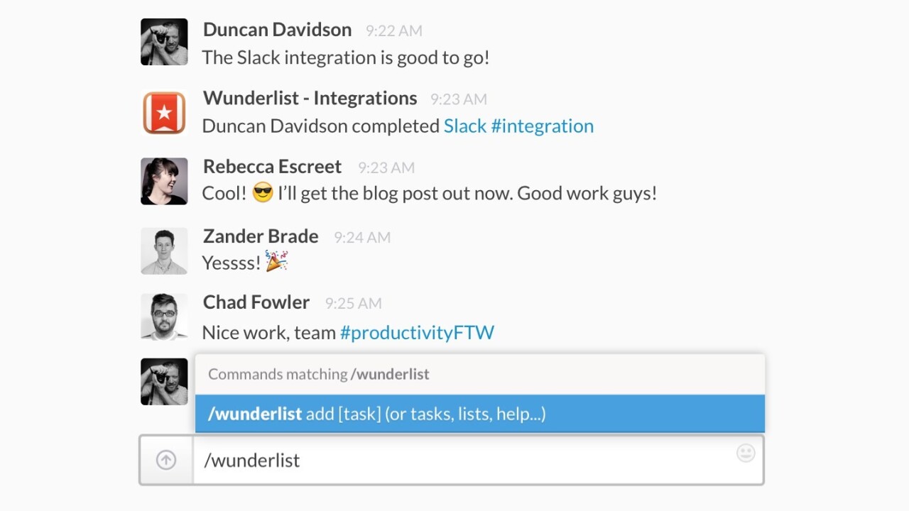 Wunderlist integrates with Slack so you can create to-dos while you chat