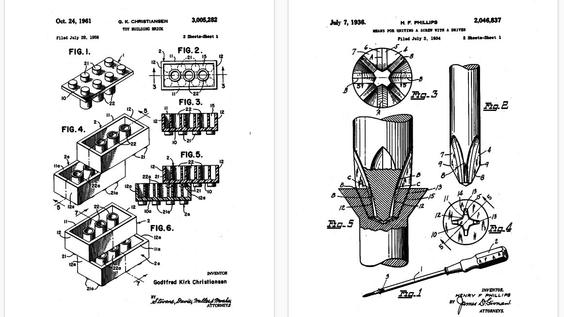 You can turn the Lego, Slinky and Qwerty keyboard patents into high quality posters