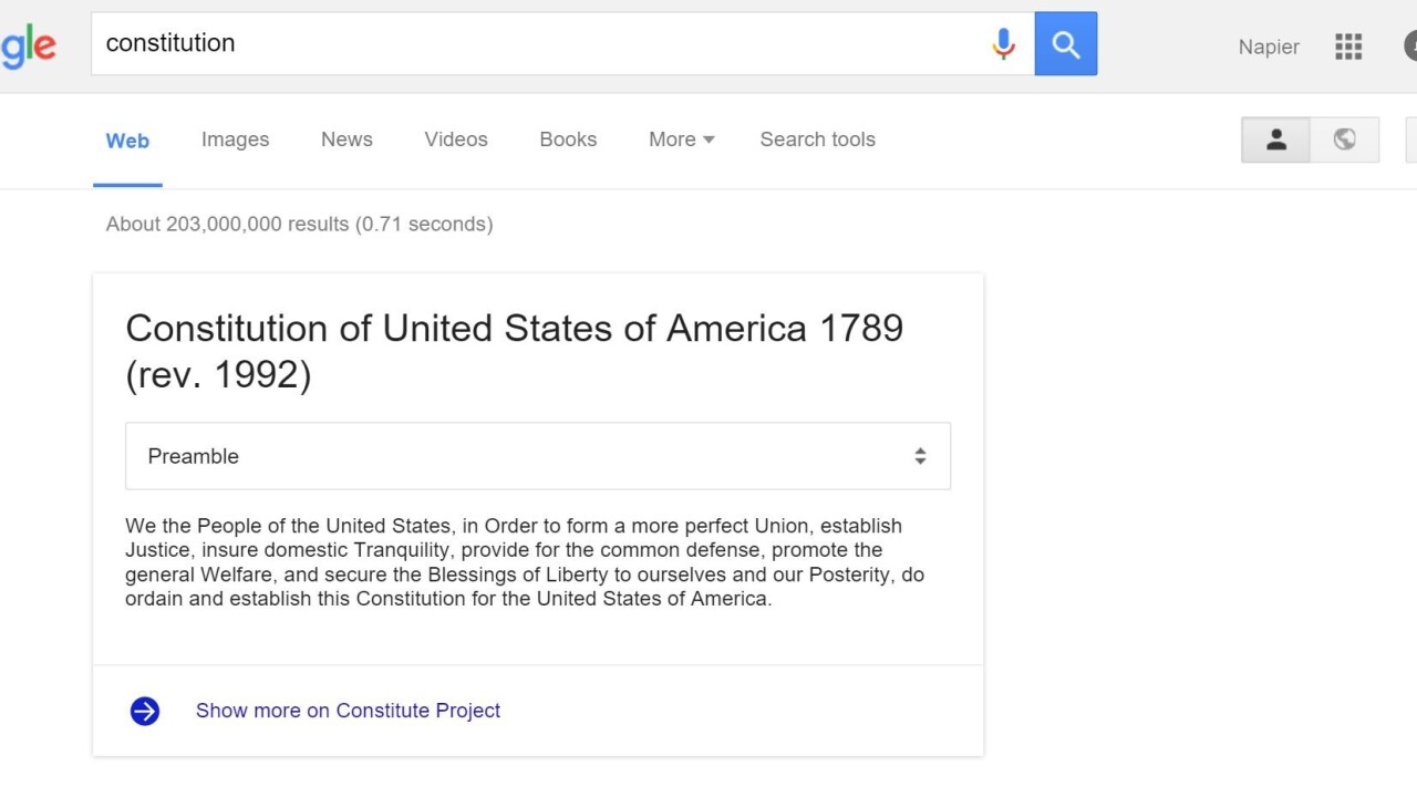 Google now shows you the full constitution of 13 countries directly in search results