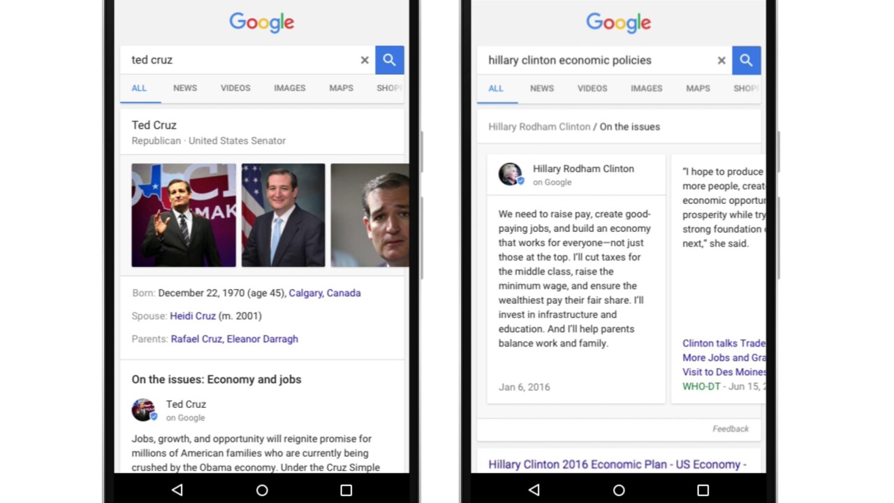 Google search now shows election candidates’ stances on specific political issues