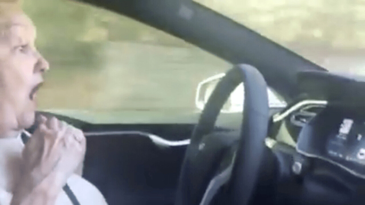 Secretly, we’re all this granny experiencing Tesla’s Autopilot mode for the first time
