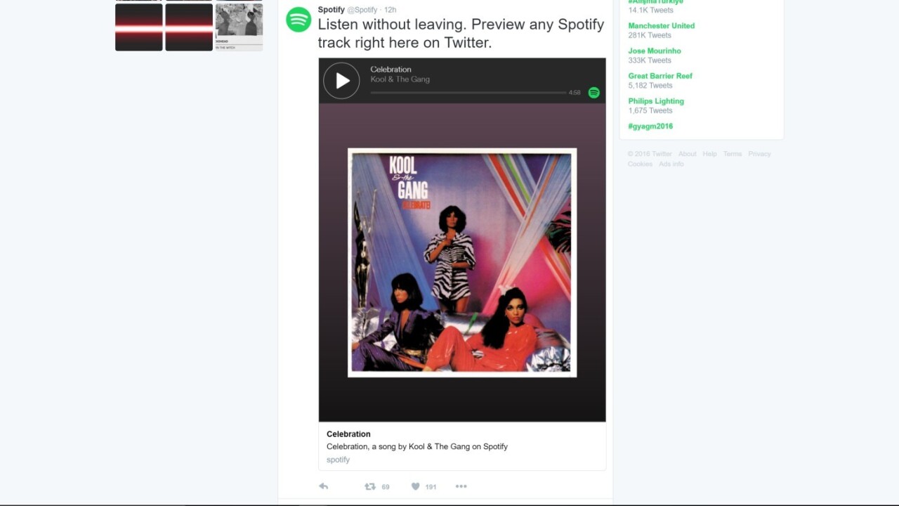 You can now play Spotify tracks right from your Twitter timeline