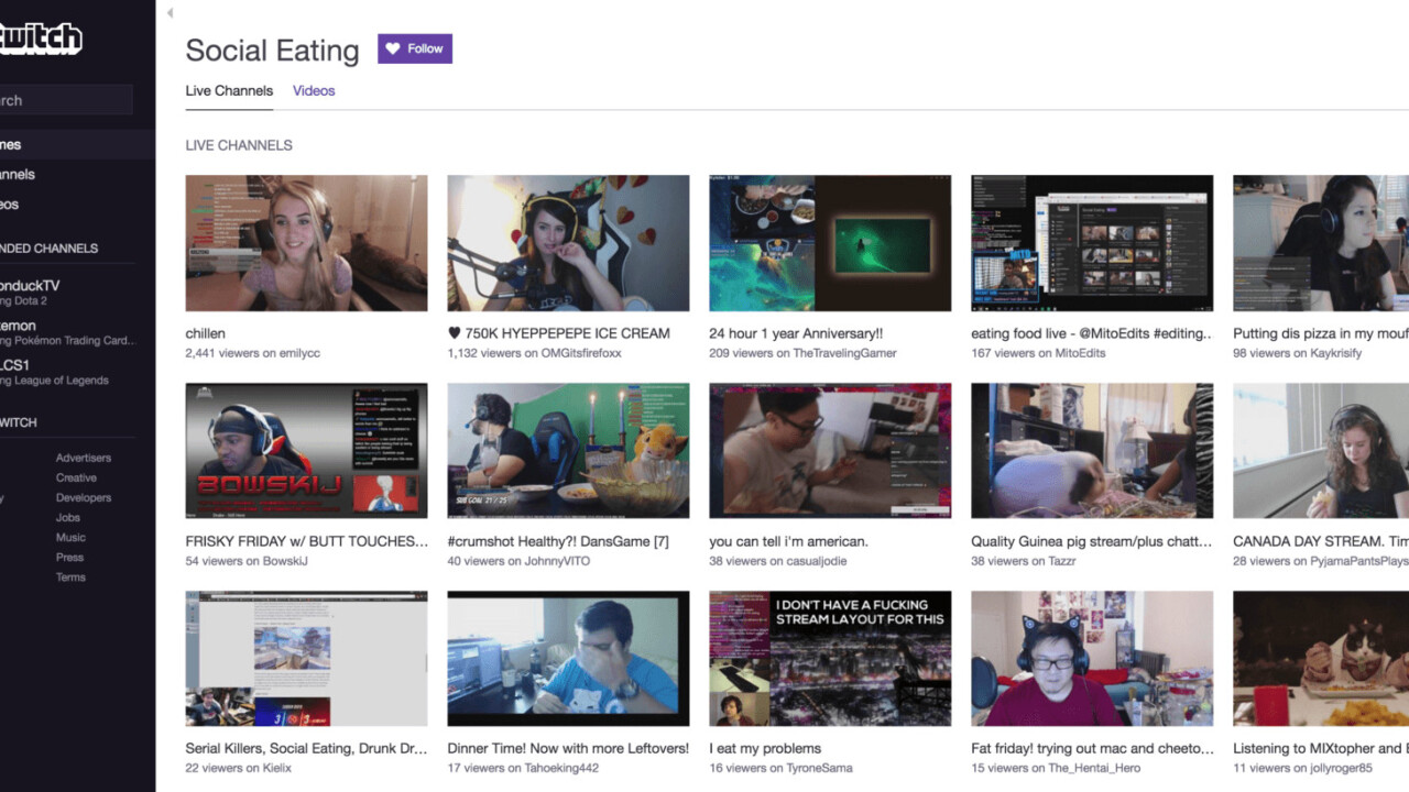 Twitch now lets you watch people eat. That’s enough internet for today.