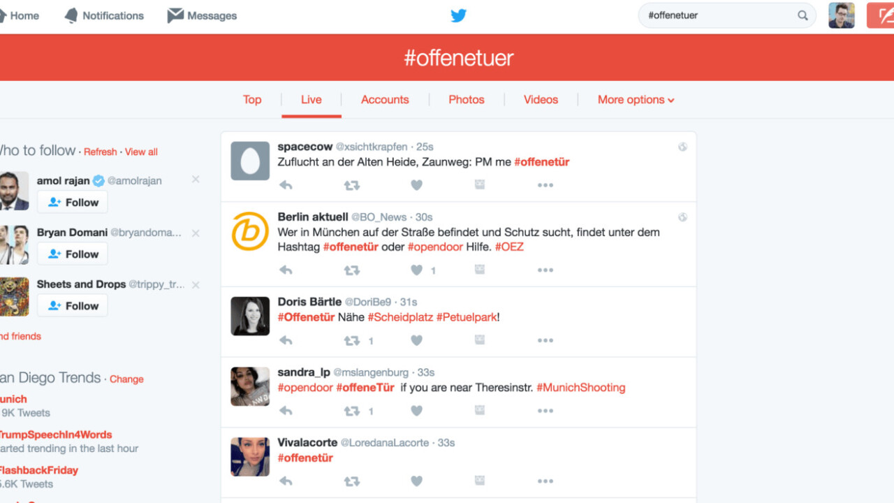 Find safe haven from Munich shooter using Twitter hashtag #offenetuer (open door)