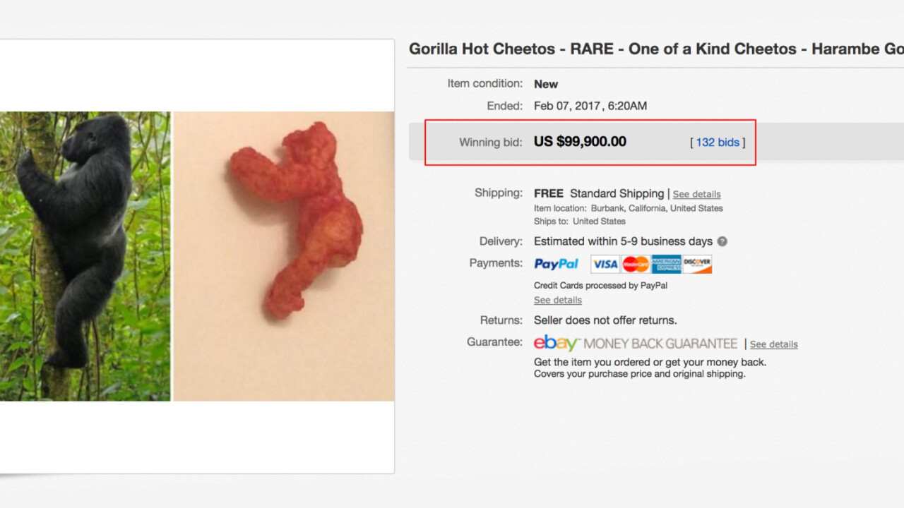 Harambe-shaped Cheeto fetches $100k on eBay
