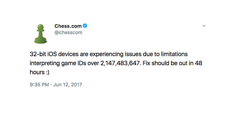 Chess.com stopped working on 32-bit iPads after it passed 2^31 games played