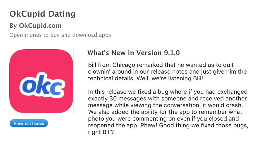 Bored OkCupid devs are trolling one whiny user with shitty release notes