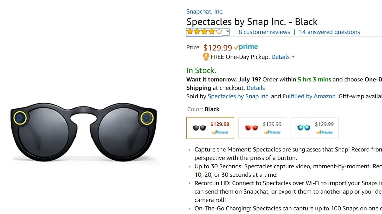 You can now buy Snapchat Spectacles on Amazon