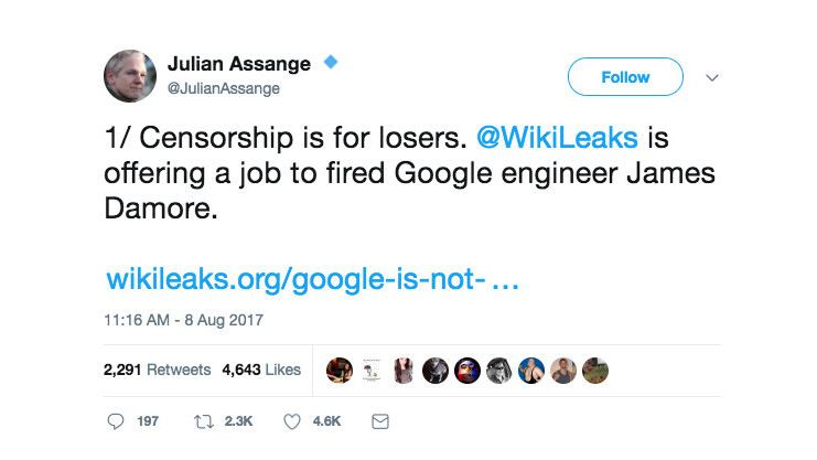 Assange offers fired Google engineer a job at Wikileaks: ‘Censorship is for losers’
