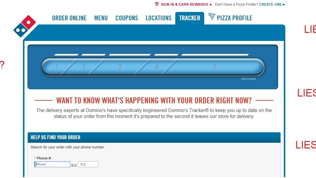 Dominos Tracker app sits on a throne of lies