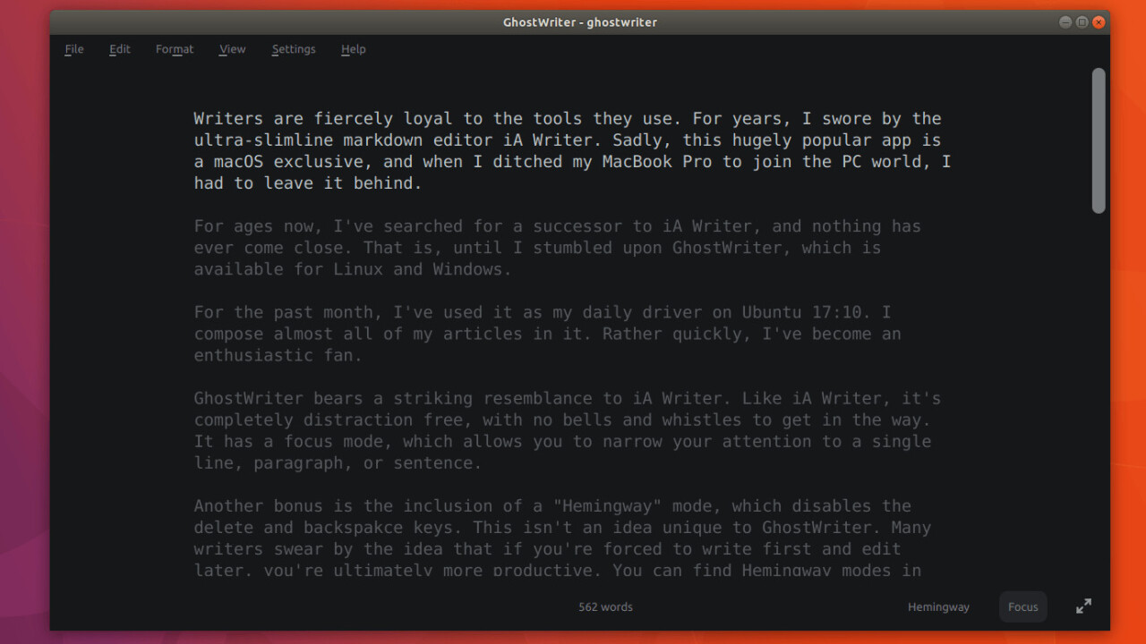 GhostWriter is a gorgeous distraction-free markdown editor for Windows and Linux