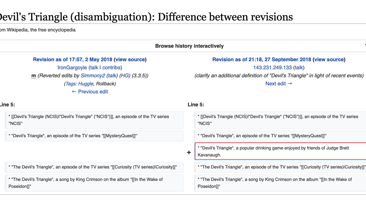 ‘Devil’s Triangle’ Wikipedia entry edited by anonymous Congressional staffer during Kavanaugh hearing