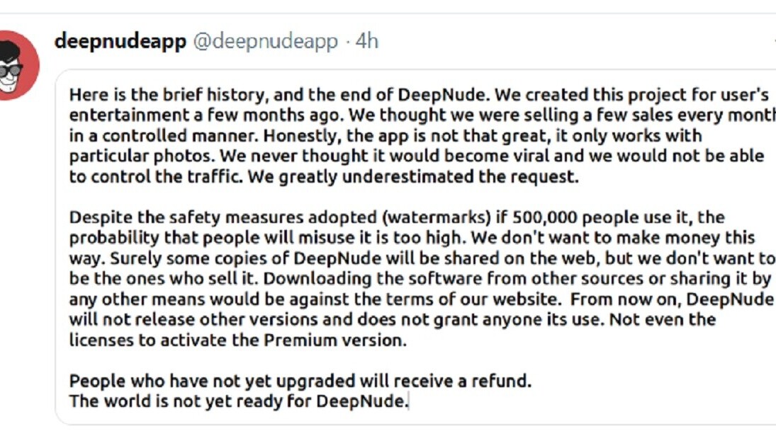 Deepnudes developer shuts it down, but the damage is done