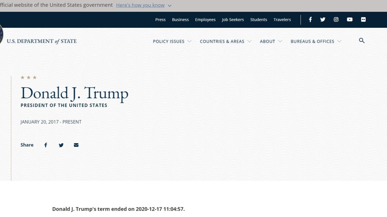 Here’s why the US State Department website says Donald Trump’s ‘term ended’ on 11 January