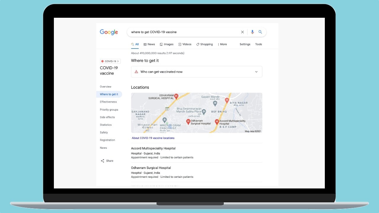 How to use Google search to find the nearest vaccination center in India