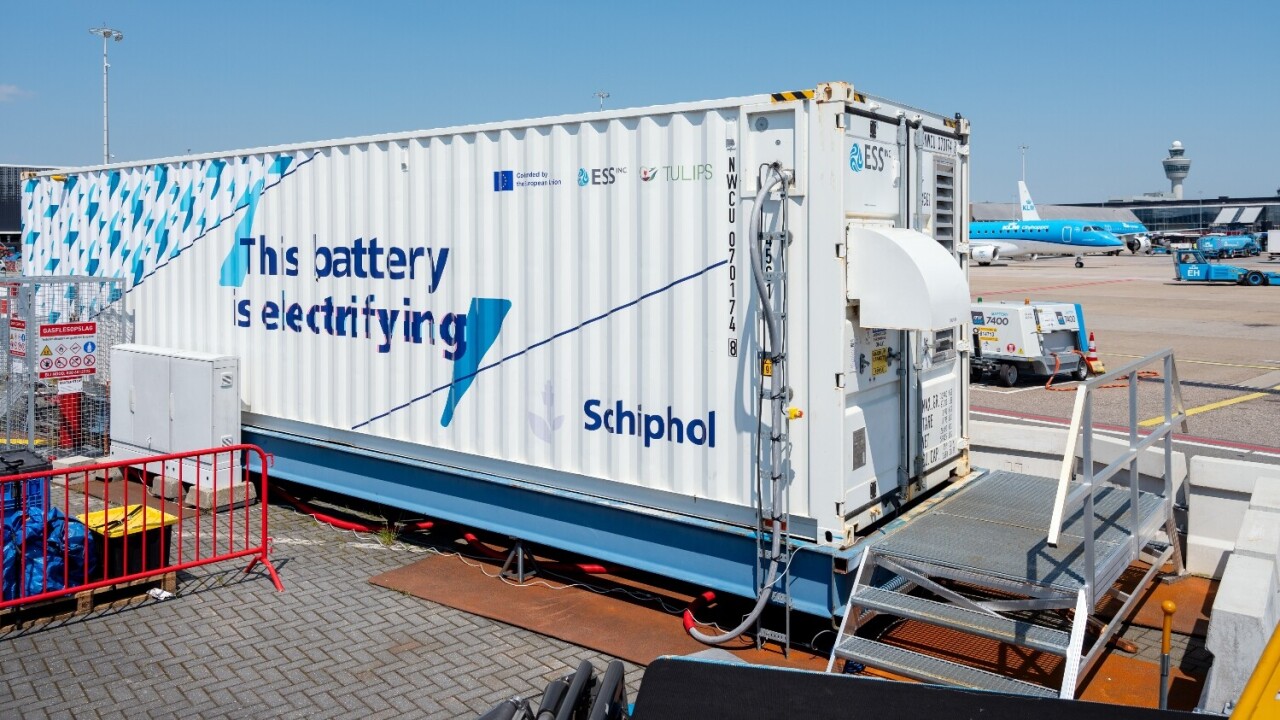 What is an iron flow battery and why is Schiphol Airport testing one?