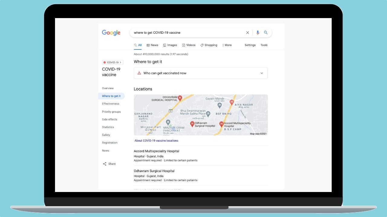 How to use Google search to find the nearest vaccination center in India