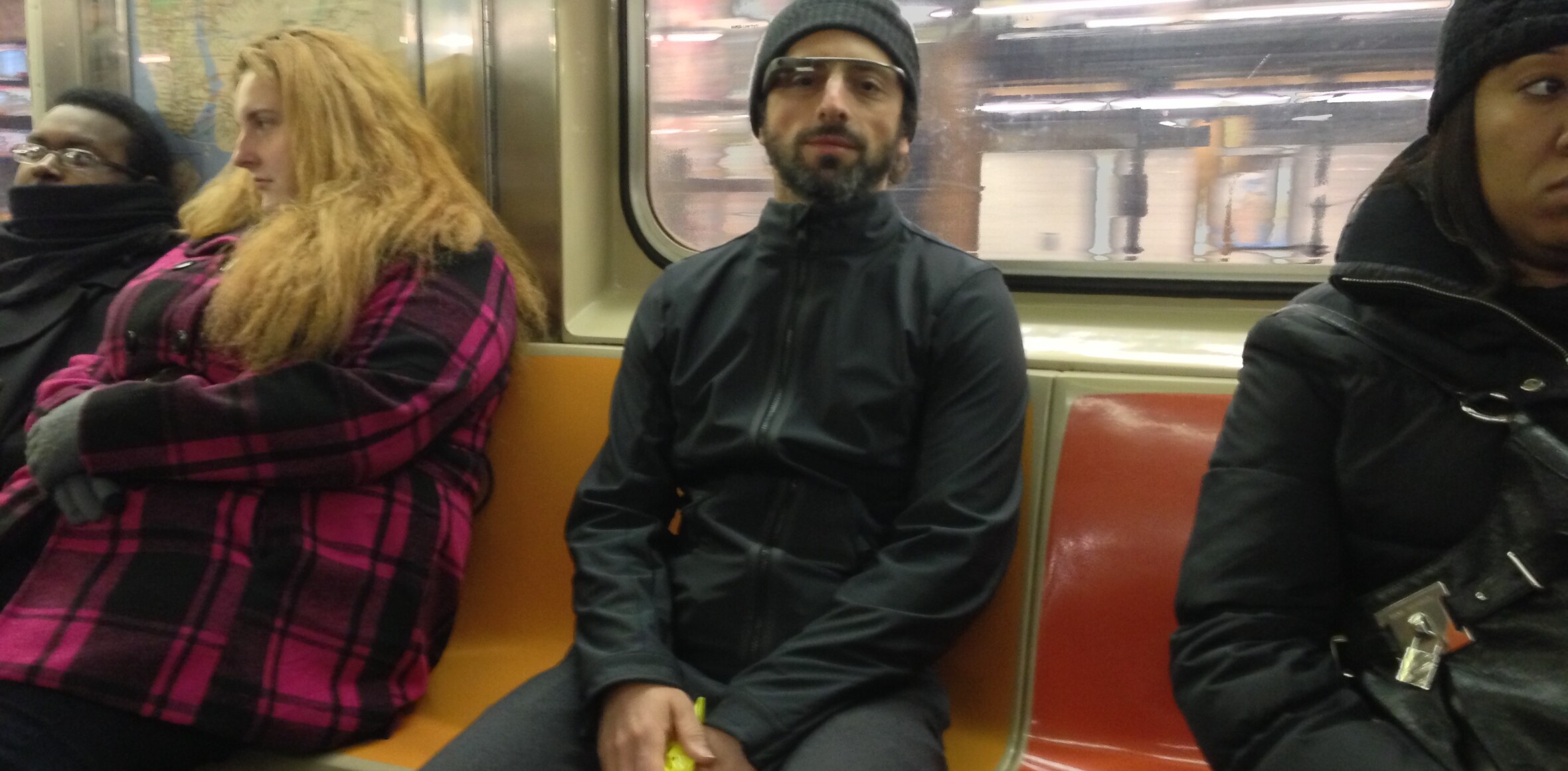 Spotted: Sergey Brin wearing Google Glass specs as he blends in on NYC subway