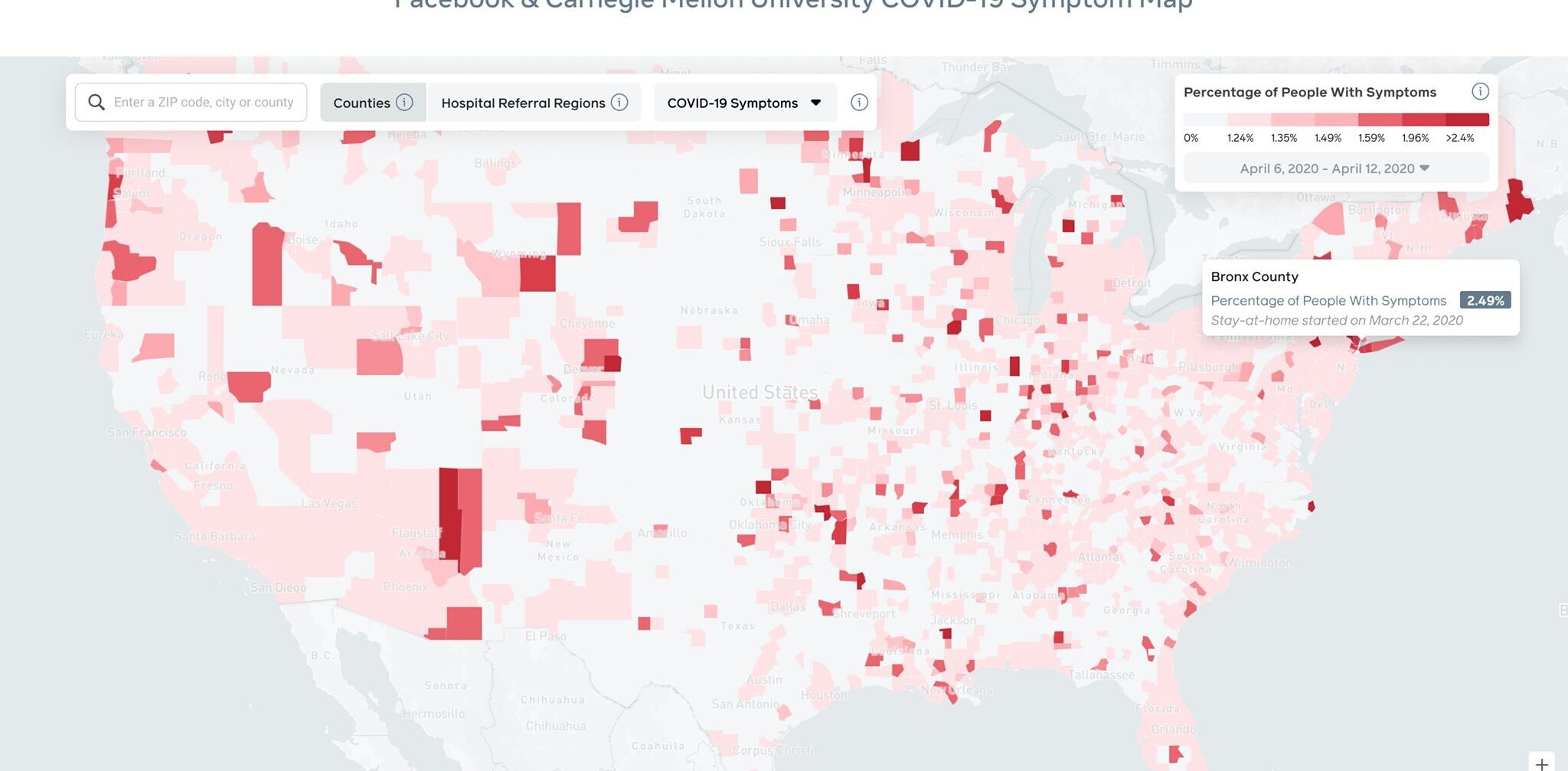 Facebook built a map that tracks COVID-19 symptoms by county