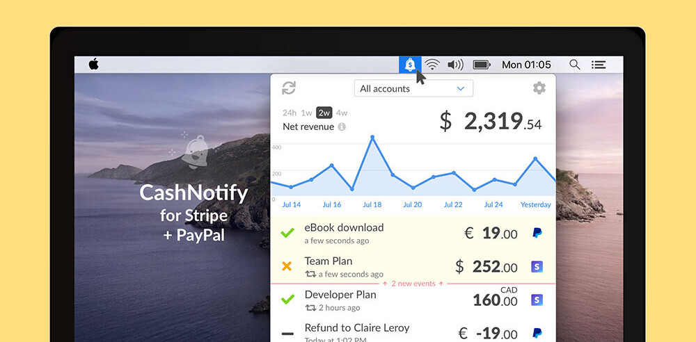 Entrepreneurs get immediate PayPal and Stripe payment notifications with CashNotify