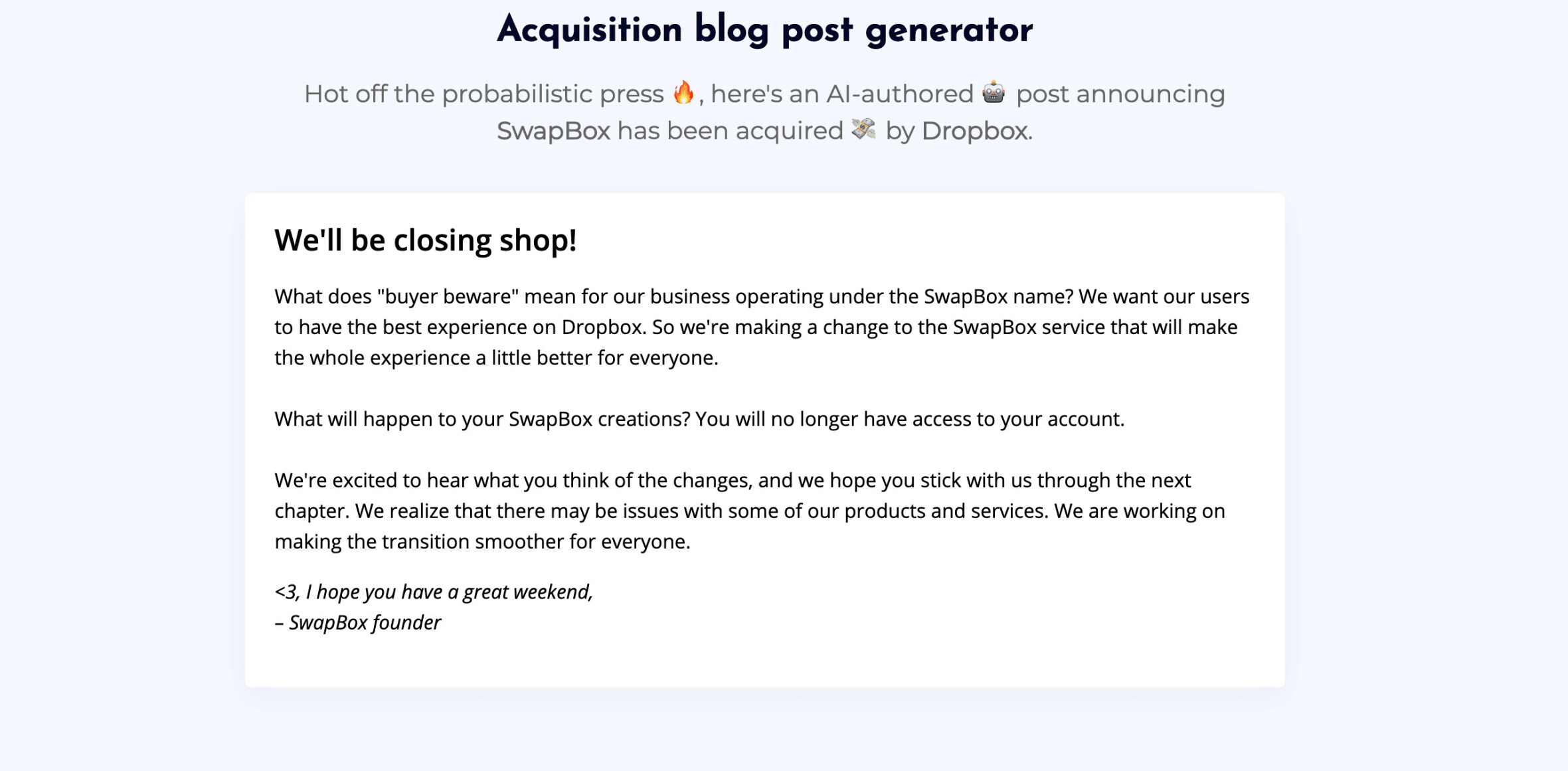 This AI generates hilariously realistic startup acquisition announcements