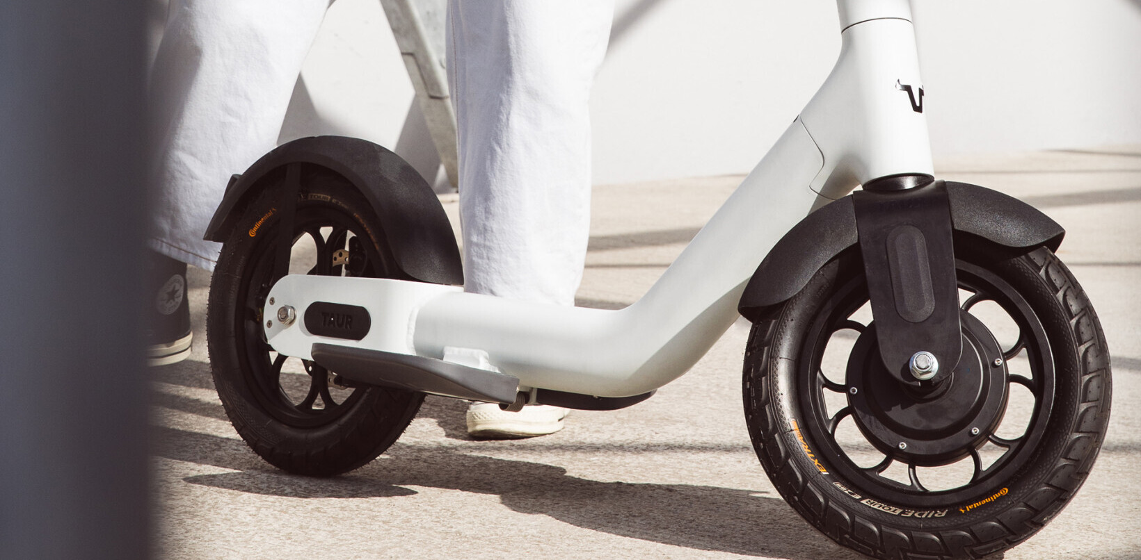 The Taur electric scooter prioritizes safety with giant tires and a forward riding position