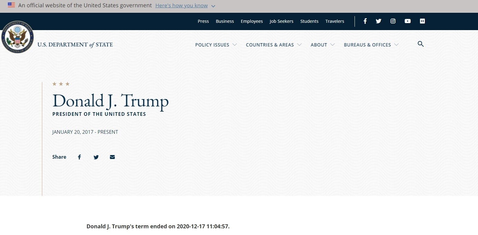 Here’s why the US State Department website says Donald Trump’s ‘term ended’ on 11 January