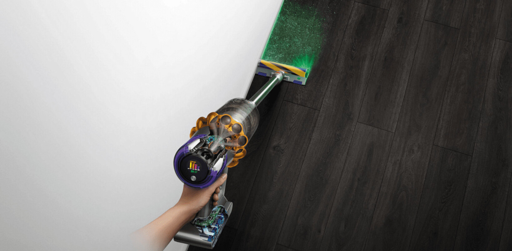Dyson’s V15 Detect vacuum uses a green laser to light up your grimy floors