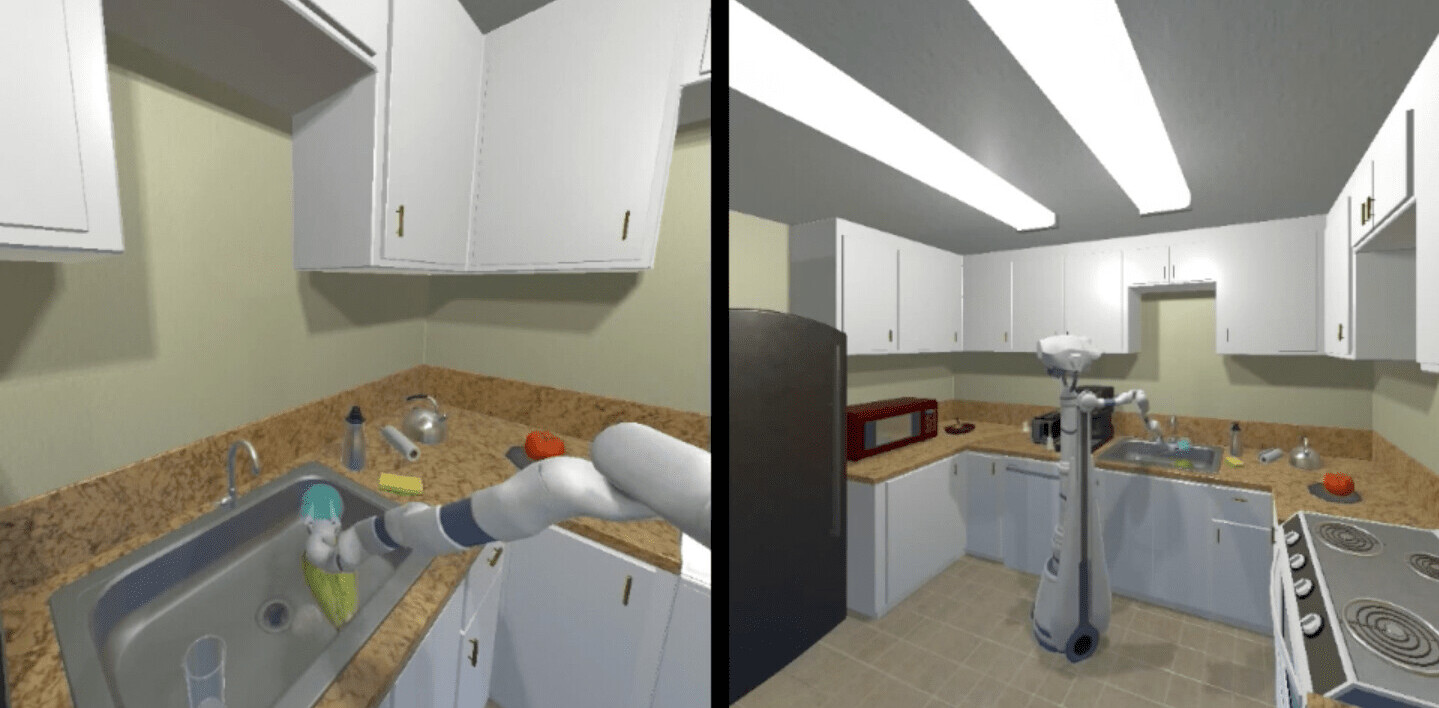 This virtual training suite trains a robotic arm to move objects in complex scenarios