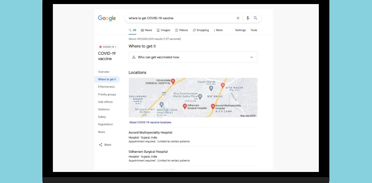 How to use Google search to find the nearest vaccination center in India