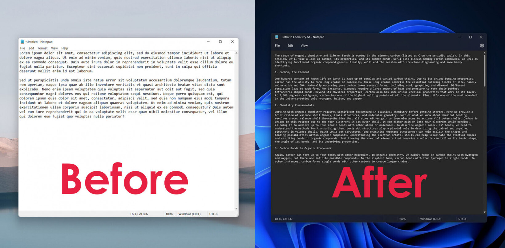 Notepad gets a new design in Windows 11, including a dark mode