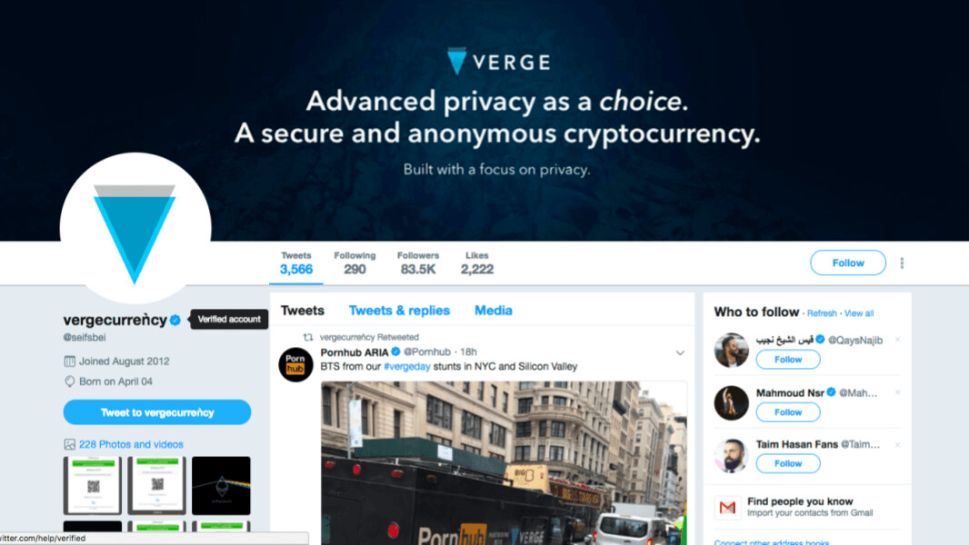 Verge coin’s own Twitter account is not verified but its imposter’s is